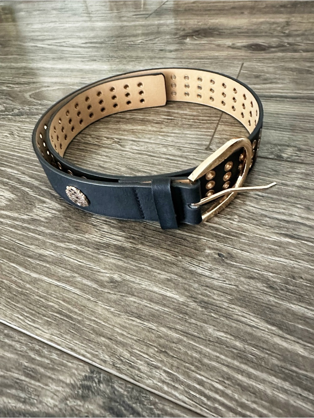 Vince Camuto Faux Leather Black Belt with Gold-Tone Buckle and Grommets